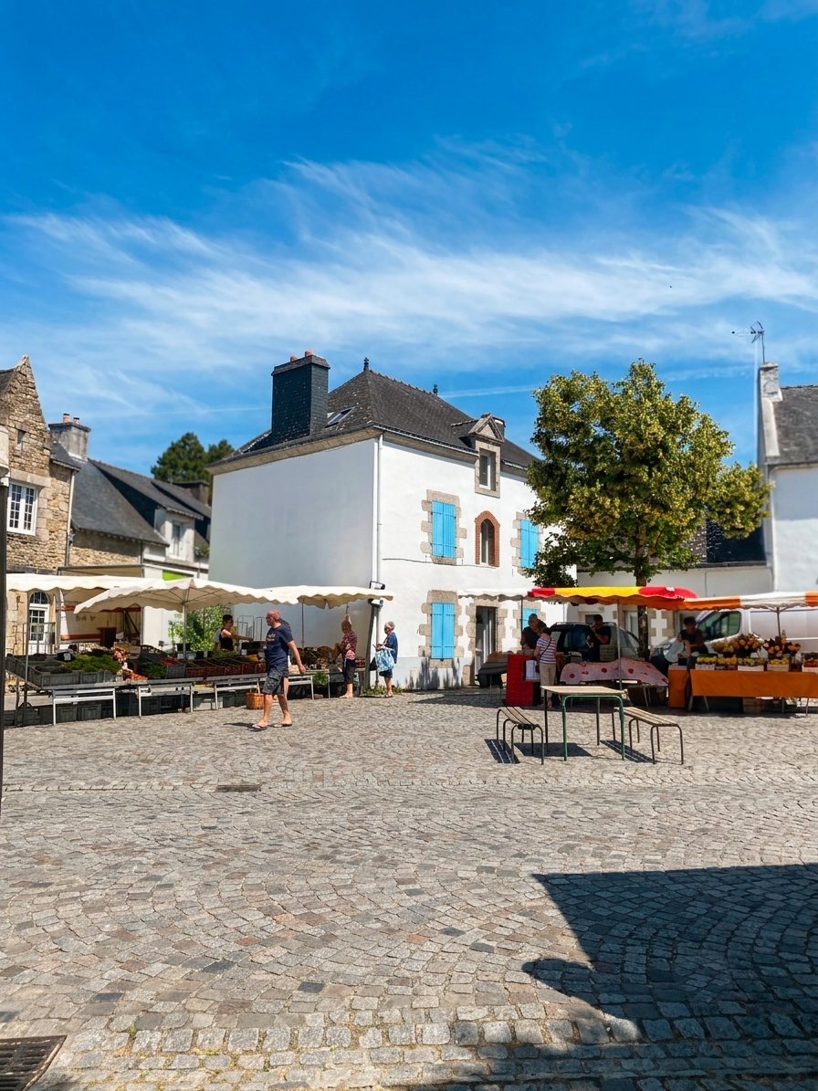 Marché sur la place de l'Église à Séné